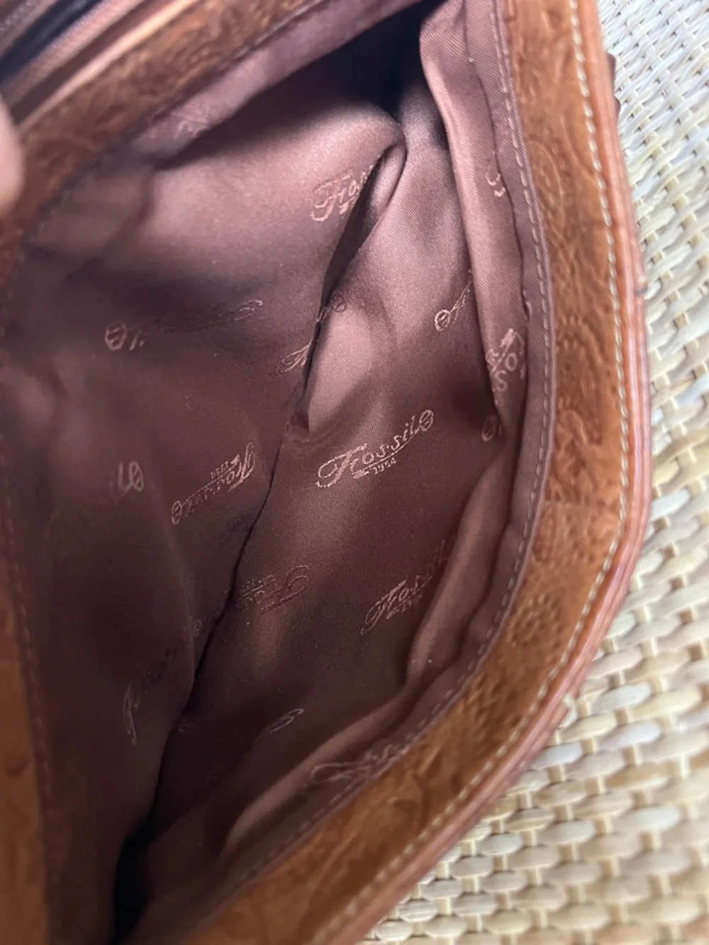 Fossil Tooled Floral leather Y2K Satchel Shoulder Bag Caramel Brown Leather - Picture 8 of 13